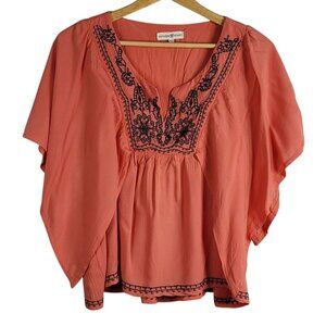 Altar'd State Women Pullover Top Orange XL Embroider V Neck Batwing Short Sleeve